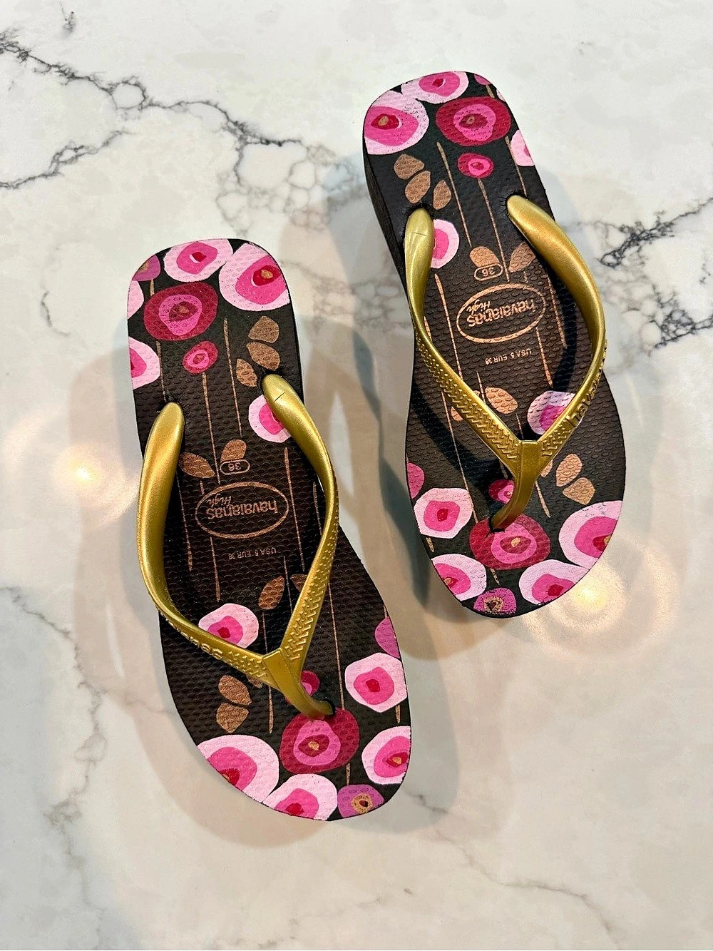 Havaianas High Floral Flip Flops Black & Pink